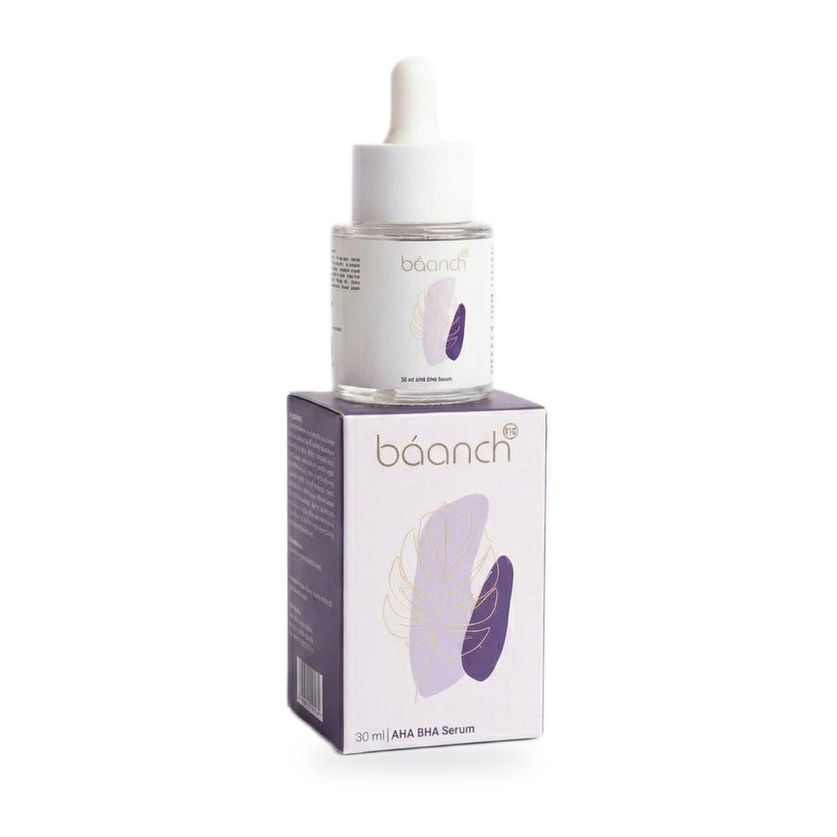 Baanch AHA BHA Serum 30 ml dropper bottle on its box, angled view