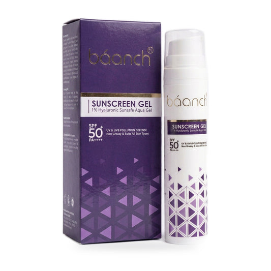 Baanch Sunscreen Gel SPF 50 box and airless pump tube, angled view