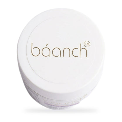 Baanch Sun-Tan Scrub 100 gm jar seen from above, white lid with the baanch logo