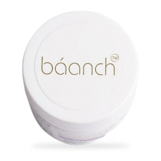 Baanch Sun-Tan Scrub 100 gm jar seen from above, white lid with the baanch logo