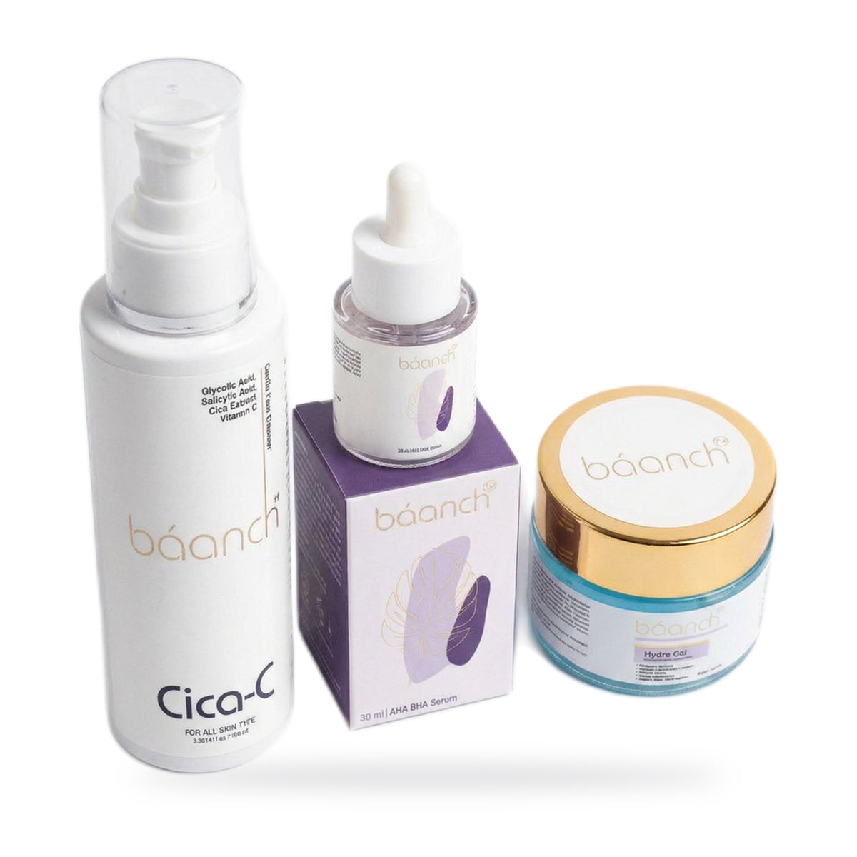 Baanch Oil Control and Pore Care Combo: Cica-C cleanser, AHA BHA serum on its box and Hydra Gel, angled view