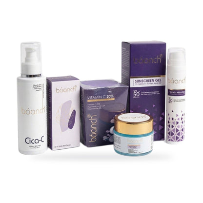 Baanch Complete Skin Care Kit: Cica-C cleanser, AHA BHA serum box, Vitamin C serum box, Hydra Gel and Sunscreen Gel, angled view