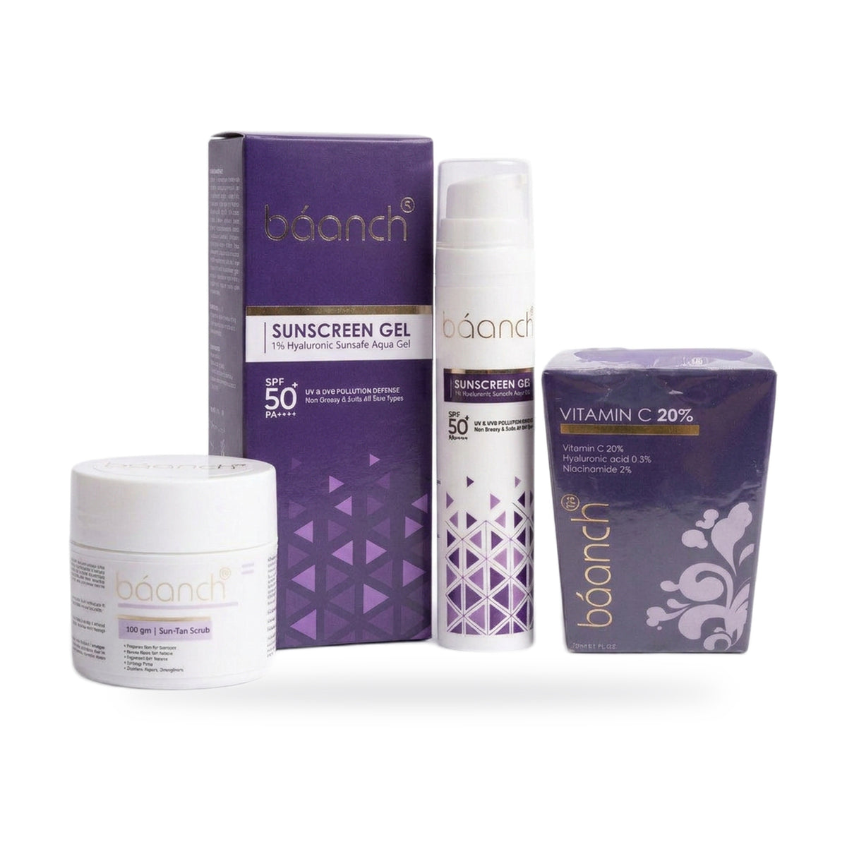 Baanch Summer De-Tan Glow Combo: Sun-Tan Scrub, Vitamin C 20% serum box and Sunscreen Gel, angled view