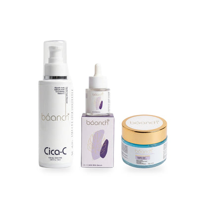 Baanch Oil Control and Pore Care Combo: Cica-C cleanser, AHA BHA serum and Hydra Gel on a white background