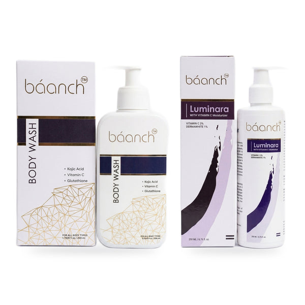 Baanch Body Brightening Combo: Body Wash and Luminara Vitamin C lotion on a white background