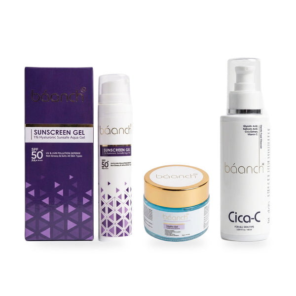 Baanch Mens Daily Defence Combo: Sunscreen Gel, Hydra Gel and Cica-C cleanser on a white background