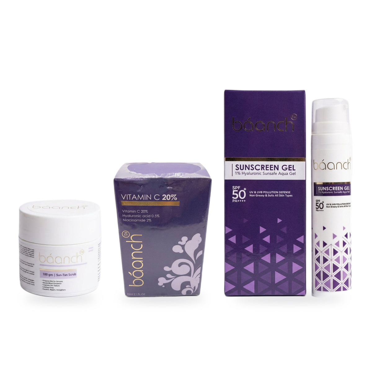 Baanch Summer Glow Combo: Sun-Tan Scrub, Vitamin C serum and Sunscreen Gel on a white background