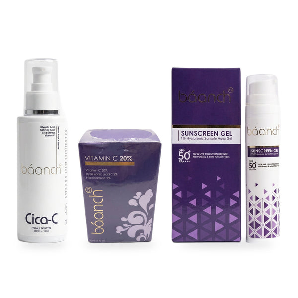 Baanch Even Tone and Glow Combo: Cica-C cleanser, Vitamin C serum and Sunscreen Gel on a white background