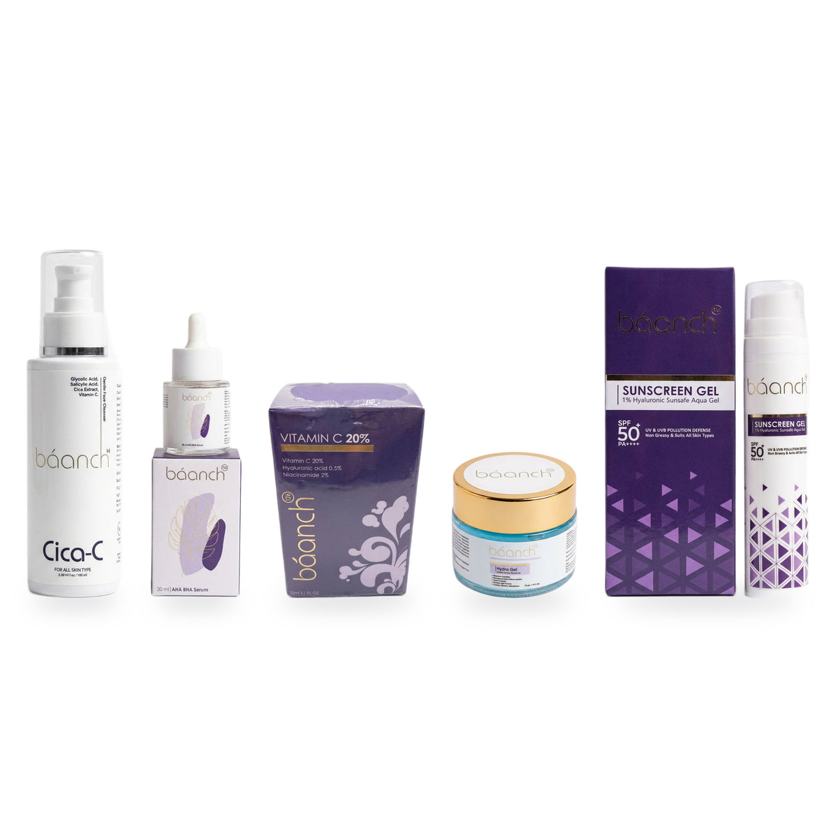 Baanch Complete Skin Care Kit: Cica-C cleanser, AHA BHA serum, Vitamin C serum, Hydra Gel and Sunscreen Gel on a white background