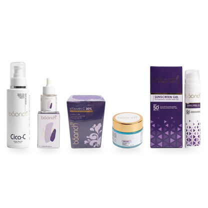 Baanch Complete Skin Care Kit: Cica-C cleanser, AHA BHA serum, Vitamin C serum, Hydra Gel and Sunscreen Gel on a white background