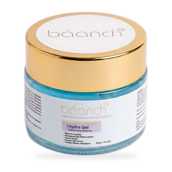 Baanch Hydra Gel 50 g water based moisturizer jar with gold lid on a white background