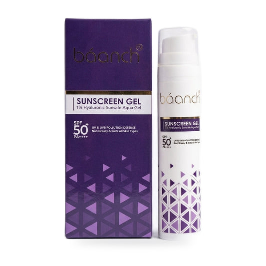 Baanch Sunscreen Gel SPF 50 PA++++ box and airless pump tube on a white background